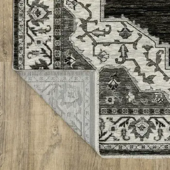 7' X 10' Charcoal And Ivory Medallion Area Rug With Fringe