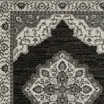 8' X 11' Charcoal And Ivory Medallion Area Rug With Fringe