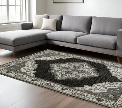 8' X 11' Charcoal And Ivory Medallion Area Rug With Fringe