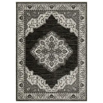 8' X 11' Charcoal And Ivory Medallion Area Rug With Fringe