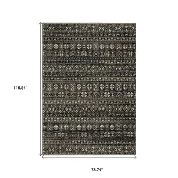 7' X 10' Black And Gray Tribal Area Rug With Fringe