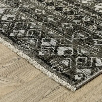 7' X 10' Black And Gray Tribal Area Rug With Fringe