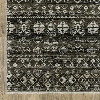 7' X 10' Black And Gray Tribal Area Rug With Fringe