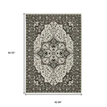 5' X 8' Ivory And Gray Medallion Area Rug With Fringe