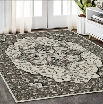 5' X 8' Ivory And Gray Medallion Area Rug With Fringe
