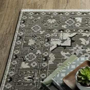 5' X 8' Ivory And Gray Medallion Area Rug With Fringe