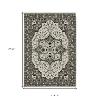 10' X 13' Ivory And Gray Medallion Area Rug With Fringe