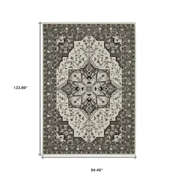 8' X 11' Ivory And Gray Medallion Area Rug With Fringe