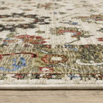 5' X 8' Ivory And Green Oriental Area Rug With Fringe