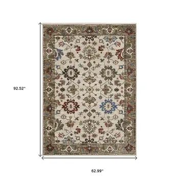 5' X 8' Ivory And Green Oriental Area Rug With Fringe