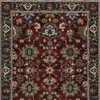 10' X 13' Red Blue And Charcoal Oriental Area Rug With Fringe