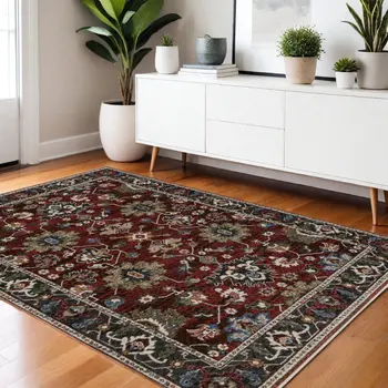 4' X 6' Red Blue And Charcoal Oriental Area Rug With Fringe