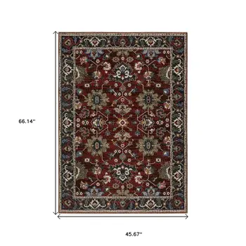 4' X 6' Red Blue And Charcoal Oriental Area Rug With Fringe
