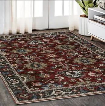 5' X 8' Red Blue And Charcoal Oriental Area Rug With Fringe