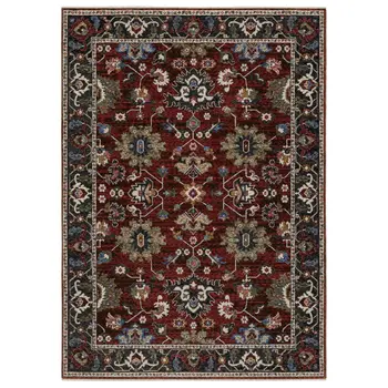 5' X 8' Red Blue And Charcoal Oriental Area Rug With Fringe