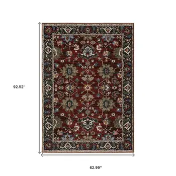 5' X 8' Red Blue And Charcoal Oriental Area Rug With Fringe
