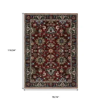 7' X 10' Red Blue And Charcoal Oriental Area Rug With Fringe