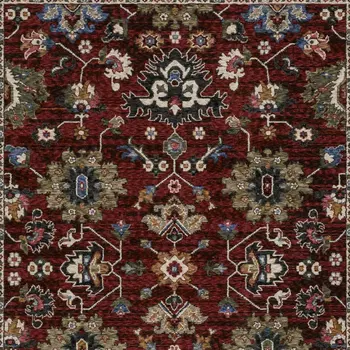 7' X 10' Red Blue And Charcoal Oriental Area Rug With Fringe