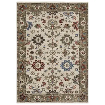 10' X 13' Ivory And Green Oriental Area Rug With Fringe
