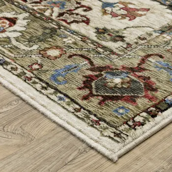 10' X 13' Ivory And Green Oriental Area Rug With Fringe