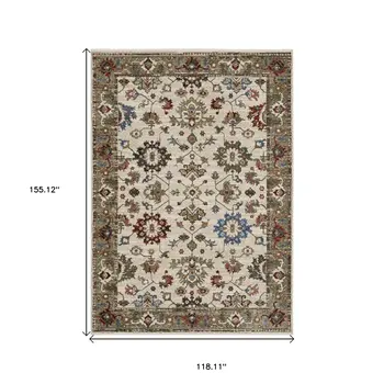 10' X 13' Ivory And Green Oriental Area Rug With Fringe