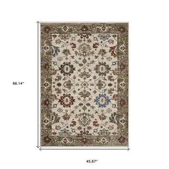 4' X 6' Ivory And Green Oriental Area Rug With Fringe