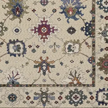 5' X 8' Ivory Blue And Gray Floral Area Rug With Fringe