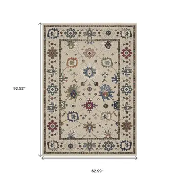 5' X 8' Ivory Blue And Gray Floral Area Rug With Fringe