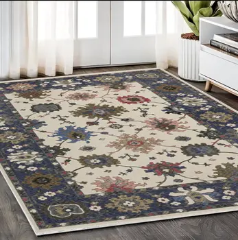 5' X 8' Blue And Ivory Floral Area Rug With Fringe