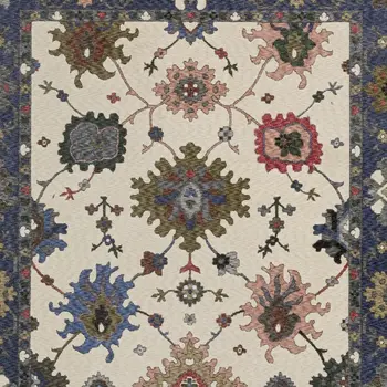 8' X 11' Blue And Ivory Floral Area Rug With Fringe