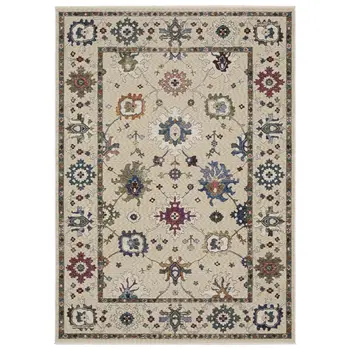 7' X 10' Ivory Blue And Light Brown Floral Area Rug With Fringe