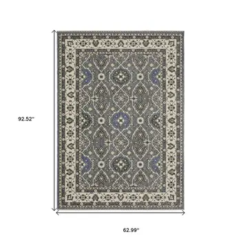 5' X 8' Blue And Gray Oriental Area Rug With Fringe