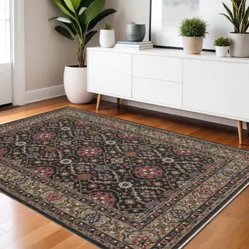 4' X 6' Charcoal And Pink Oriental Area Rug With Fringe