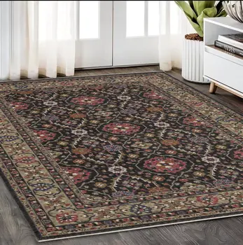 5' X 8' Charcoal And Pink Oriental Area Rug With Fringe