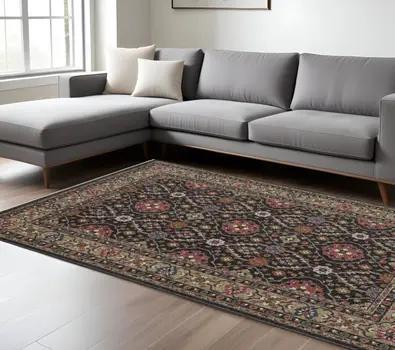 8' X 11' Charcoal And Pink Oriental Area Rug With Fringe