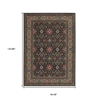 8' X 11' Charcoal And Pink Oriental Area Rug With Fringe