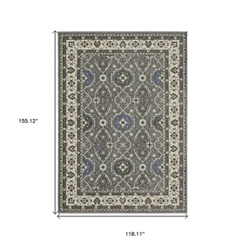 10' X 13' Blue And Gray Oriental Area Rug With Fringe