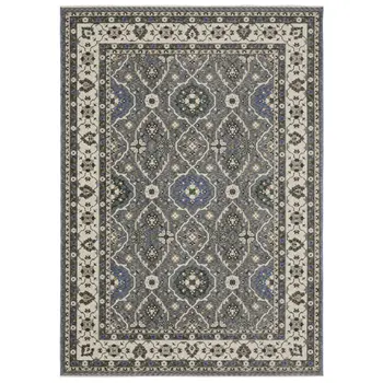 4' X 6' Blue And Gray Oriental Area Rug With Fringe