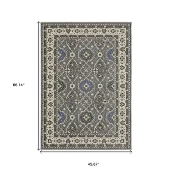 4' X 6' Blue And Gray Oriental Area Rug With Fringe