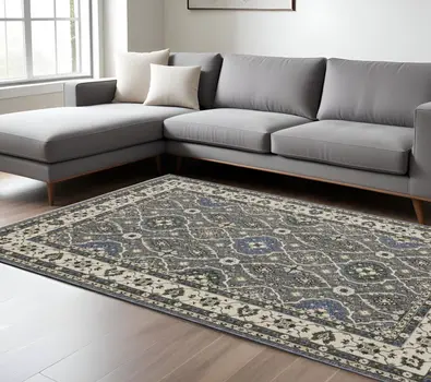7' X 10' Blue And Gray Oriental Area Rug With Fringe