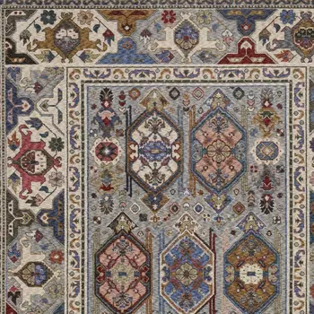 5' X 8' Blue And Gray Oriental Area Rug With Fringe