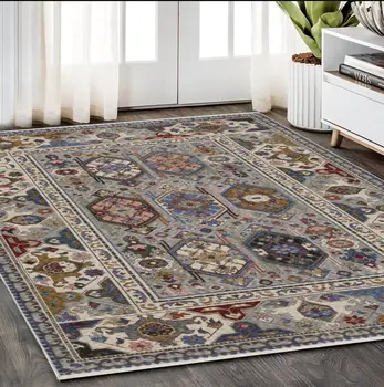 5' X 8' Blue And Gray Oriental Area Rug With Fringe