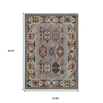 5' X 8' Blue And Gray Oriental Area Rug With Fringe