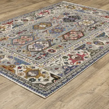 4' X 6' Blue And Gray Oriental Area Rug With Fringe