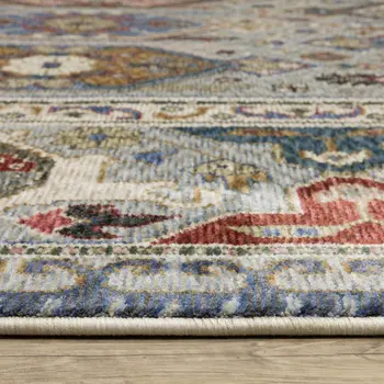 7' X 10' Blue And Gray Oriental Area Rug With Fringe