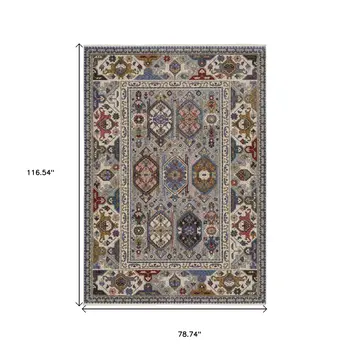 7' X 10' Blue And Gray Oriental Area Rug With Fringe
