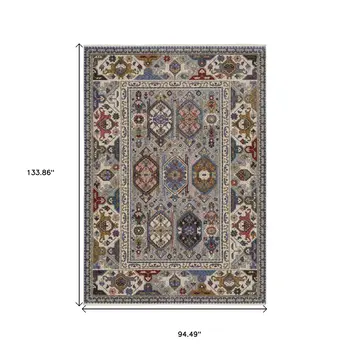 8' X 11' Blue And Gray Oriental Area Rug With Fringe