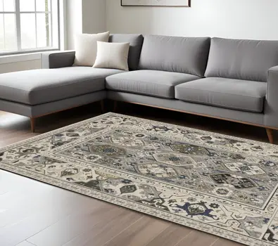 10' X 13' Ivory And Blue Oriental Area Rug With Fringe