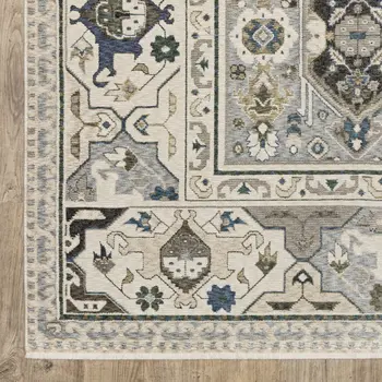 10' X 13' Ivory And Blue Oriental Area Rug With Fringe