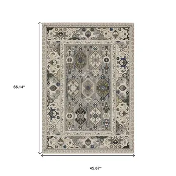 4' X 6' Ivory And Blue Oriental Area Rug With Fringe
